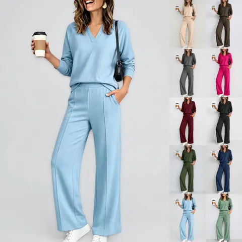 Women's 2 Piece Lounge Set V Neck Long Sleeve Pullover Sweatshirt High Waisted Wide Leg Pintuck Sweatpants Matching Sweatsuit Casual Comfy Fall Outfit WFH Airport Travel Trendy Clothes Tracksuit