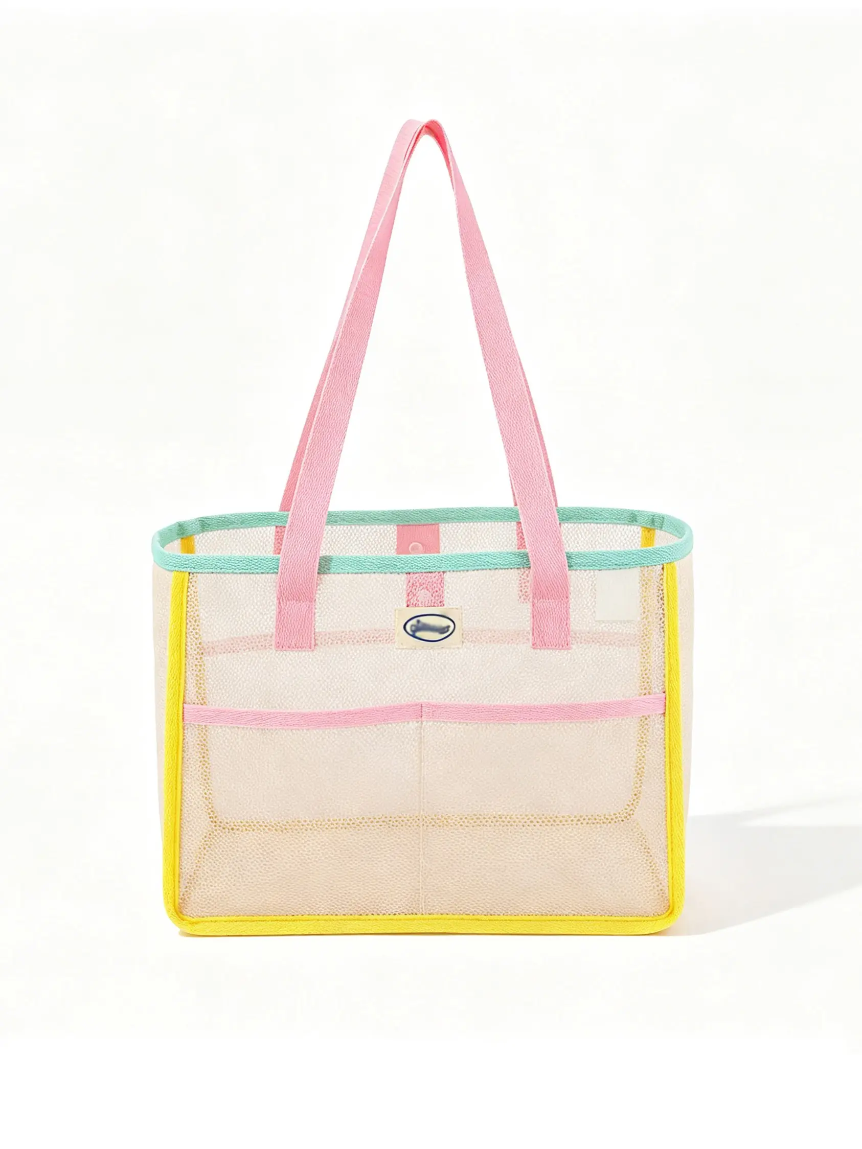 Macaron Color Block Large Capacity Mesh Tote Bag, Multi-Pocket Transparent Shoulder Bag, Summer Beach Campus Casual Bag