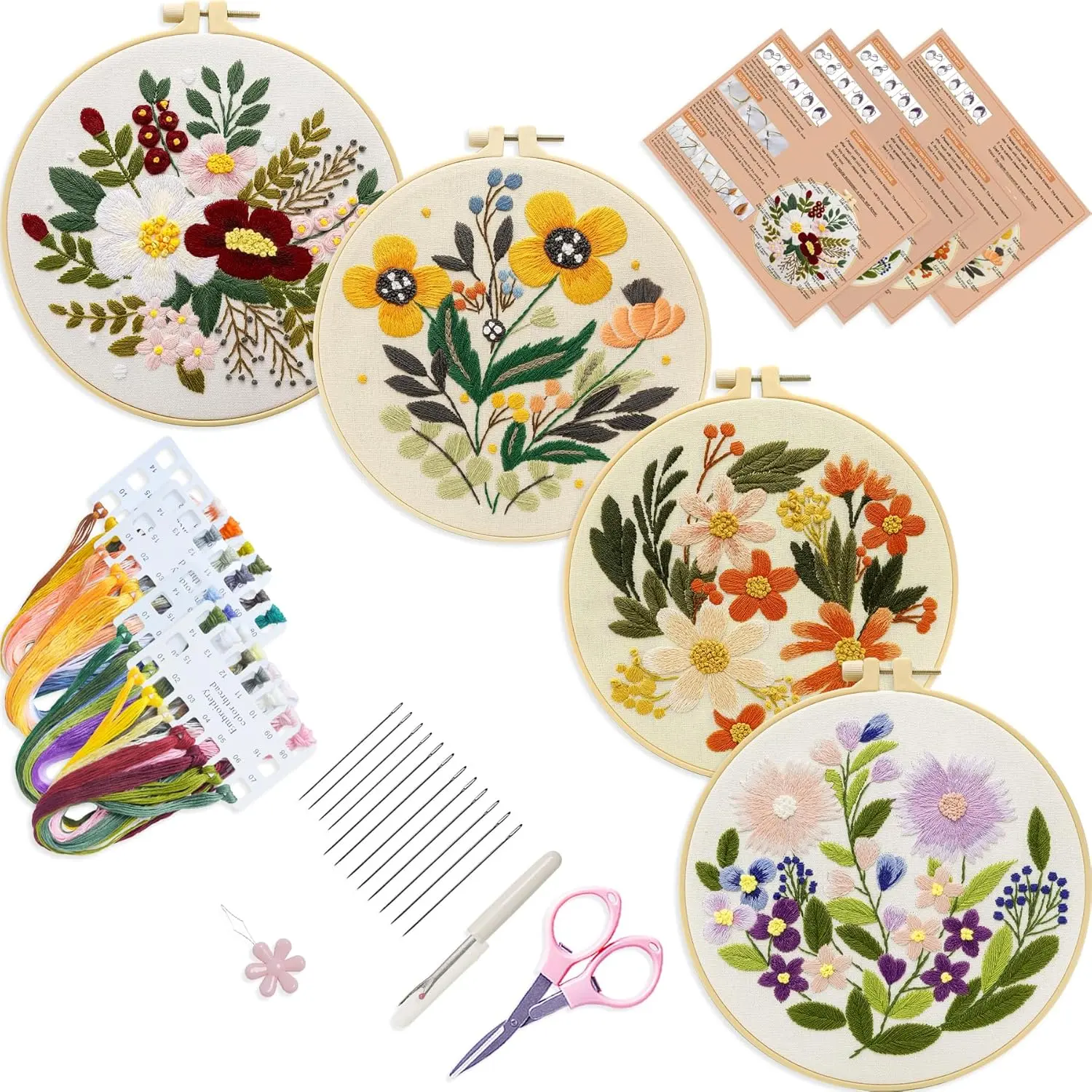 4 Sets Embroidery Set for Beginners Art Crafts Easy Sewing Includes Embroidery Clothes with , Hoop, Instruction Manual, Color  Set ( 1)