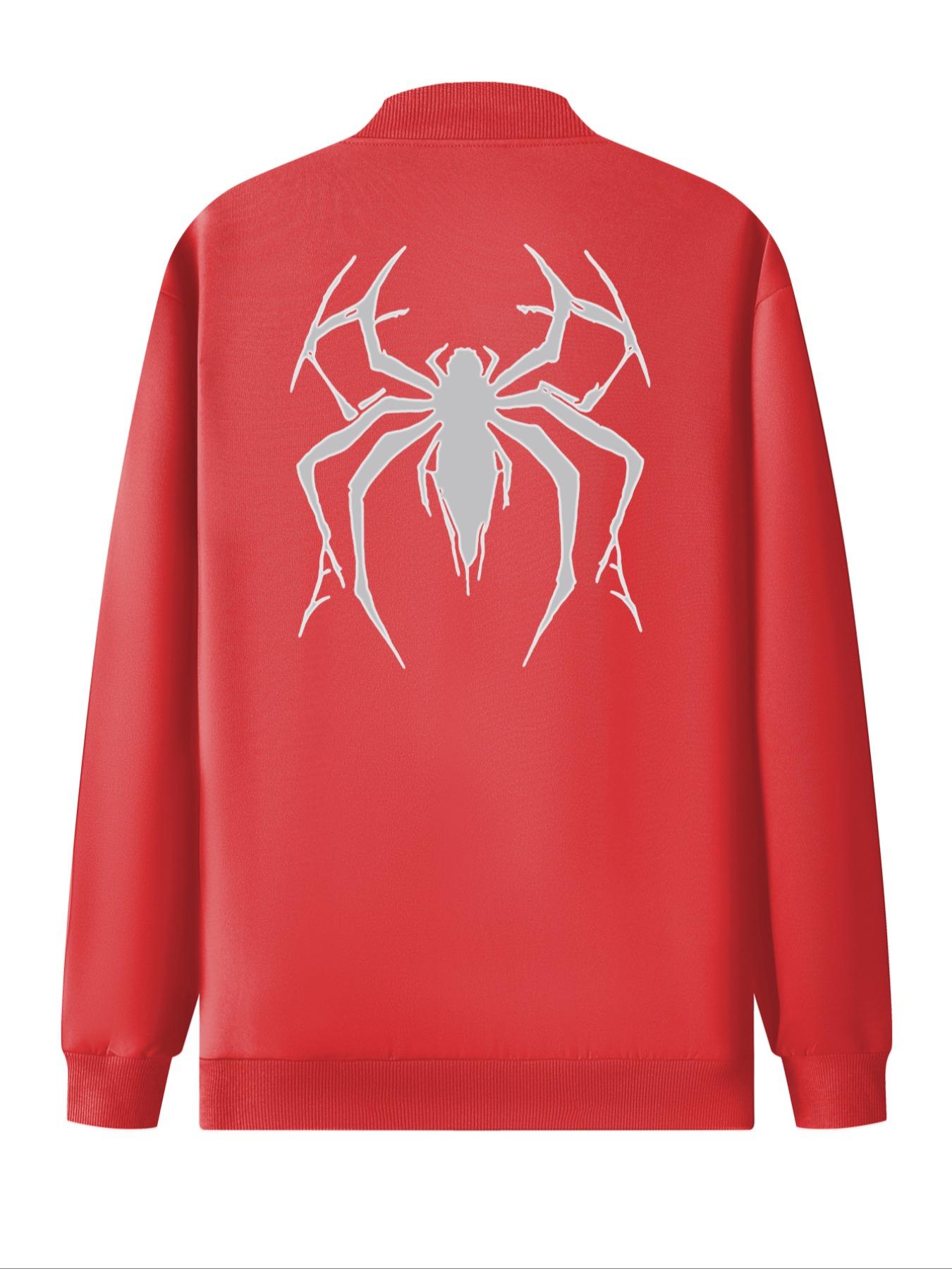 Men's Spider Print Zip Up Baseball Collar Jacket, Casual Long Sleeve Pocket Outerwear for Daily Wear, Fashion Men's Clothes for All Seasons Stretchy Fabric