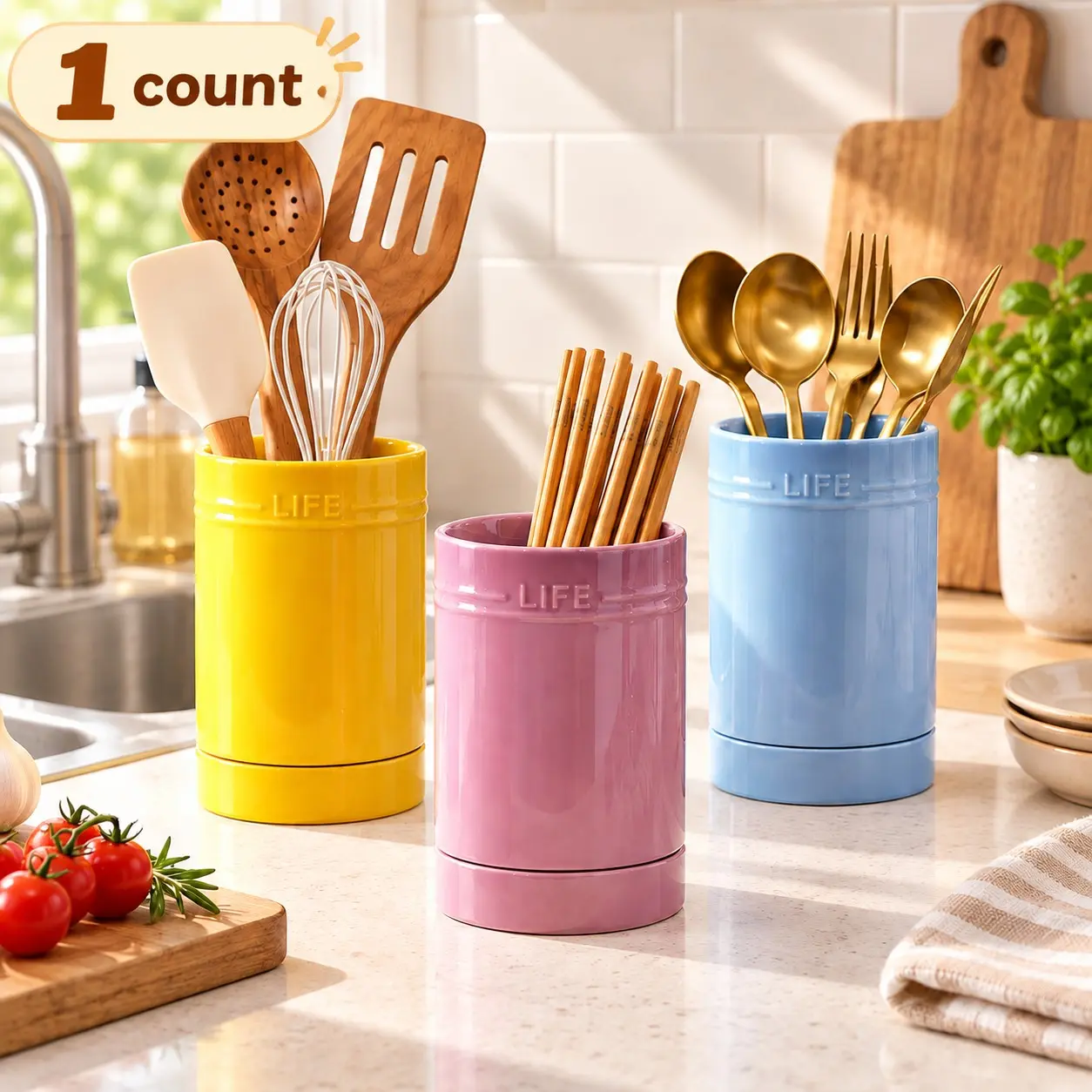 Ceramic Utensil Crock Holder, Kitchen Countertop Storage Organizer with Removable Drain Tray, Spoon Spatula Fork Chopstick Holder for Home Kitchen Organization