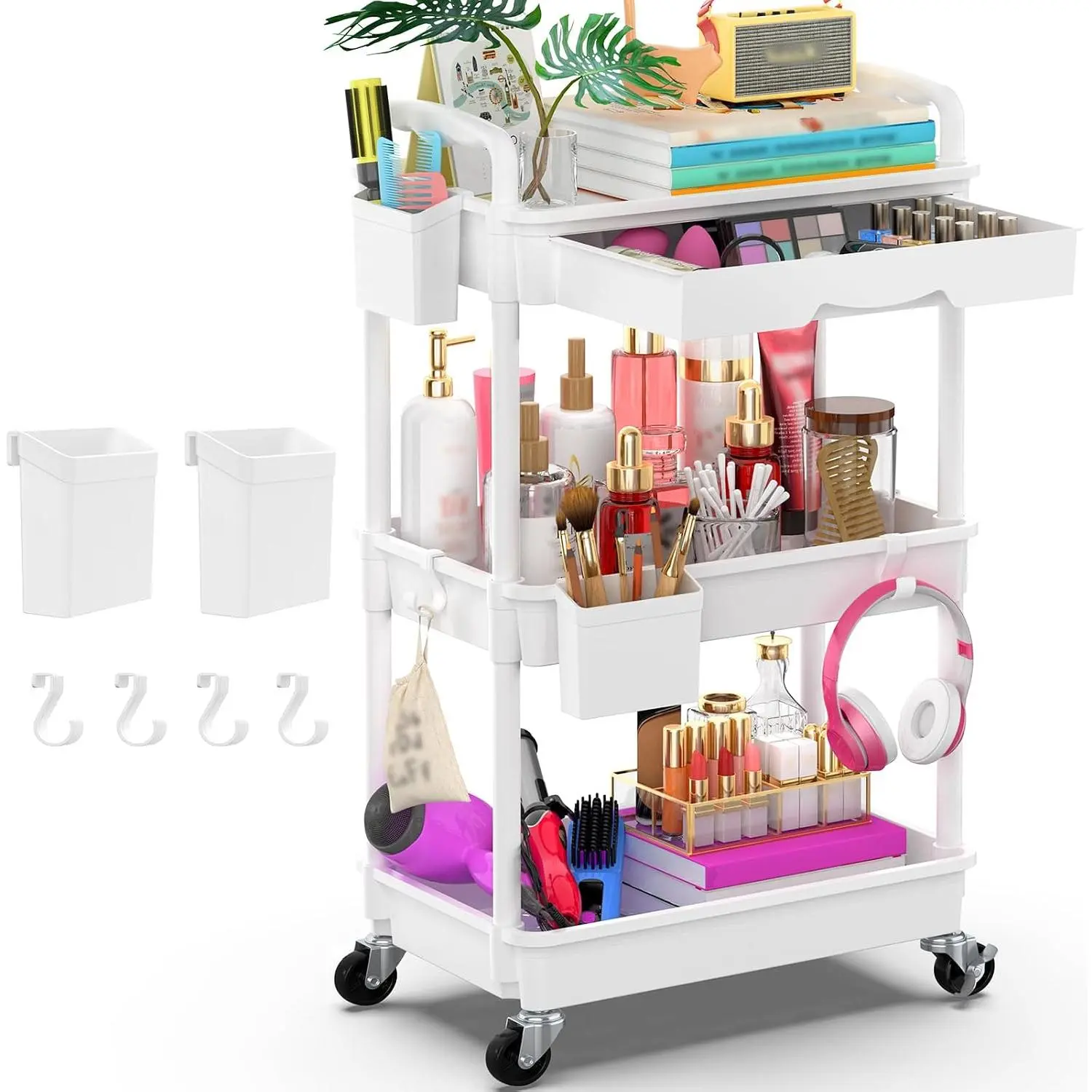 Lightweight 3-Tier Rolling Utility Cart Organizer with Removable Drawer, Smooth Vanity-Book-Tool Storage Cart with 2 Lockable Wheels for Bathroom, Kitchen (Stable, Sturdy, White), Household