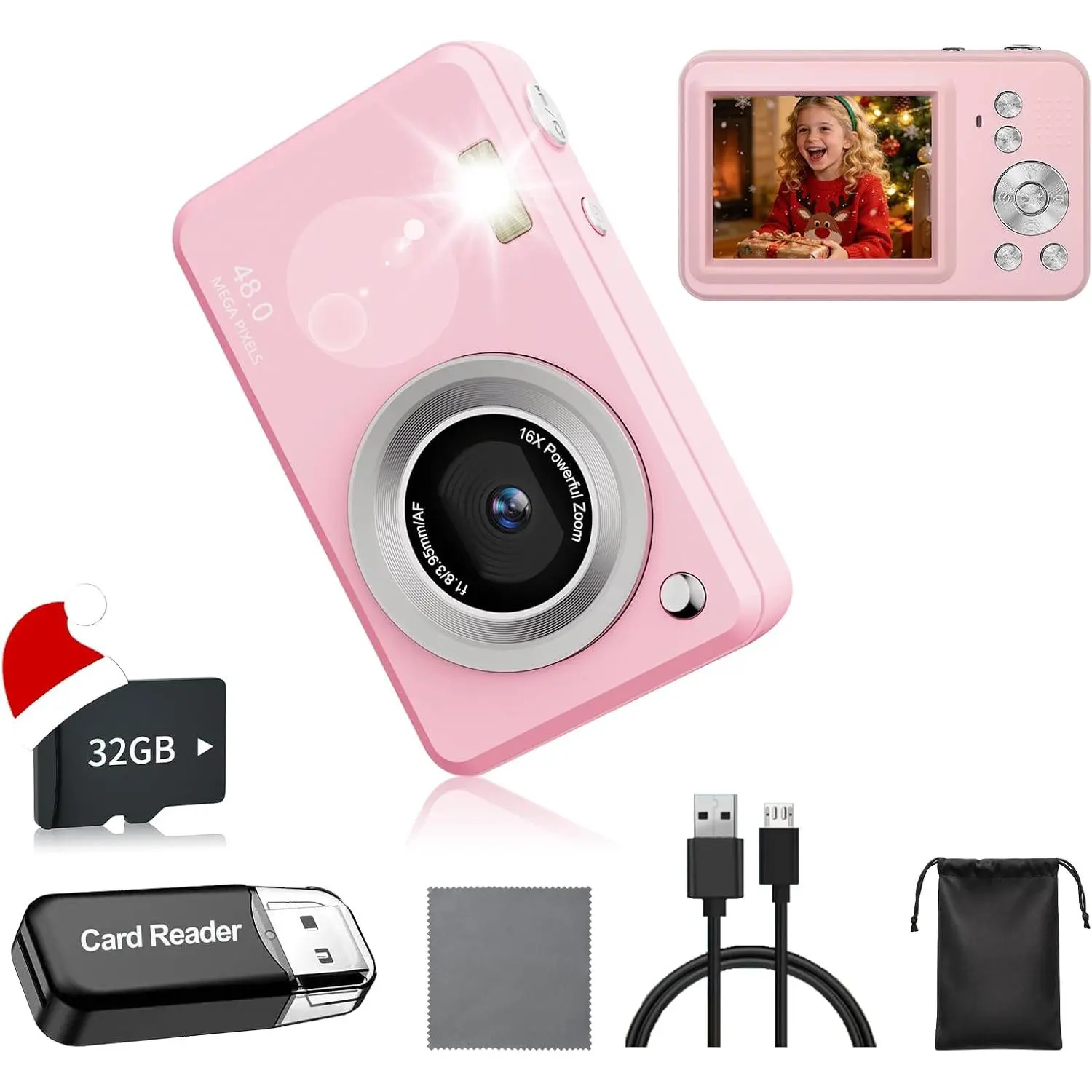 Digital Camera with 32GB Card,48MP Compact Portable Small Point Shoot Camera,FHD 1080P Point and Shoot Digital Cameras with 16X Zoom,for Boys Girls Teens Gifts