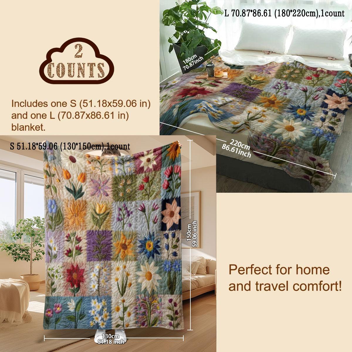 Floral Pattern Patchwork Quilted Throw Blanket, Floral Print Blanket, Soft Comfortable Warm Napping Blanket, Soft Cozy Blanket, Cool Bedroom Bedding Blankets for Home Office Travel Dormitory
