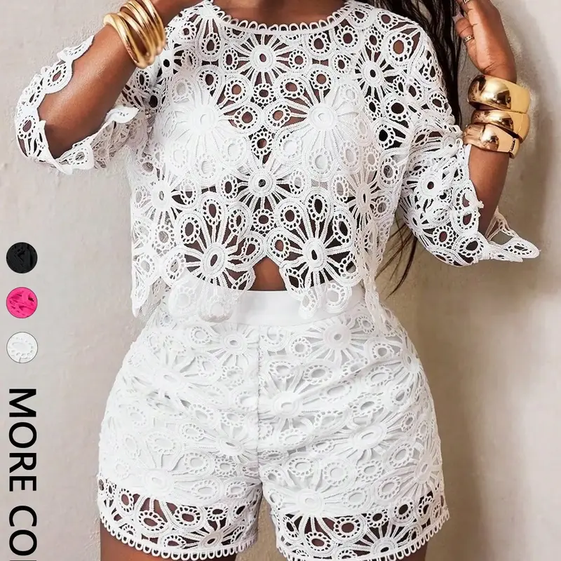 Women's Chic Hollow Out Floral Sleeveless Top + Casual Shorts Set Outfit, Shorts And Tops, Perfect for Dates, Travel, Ootd Photoshoots, No Bikini Included