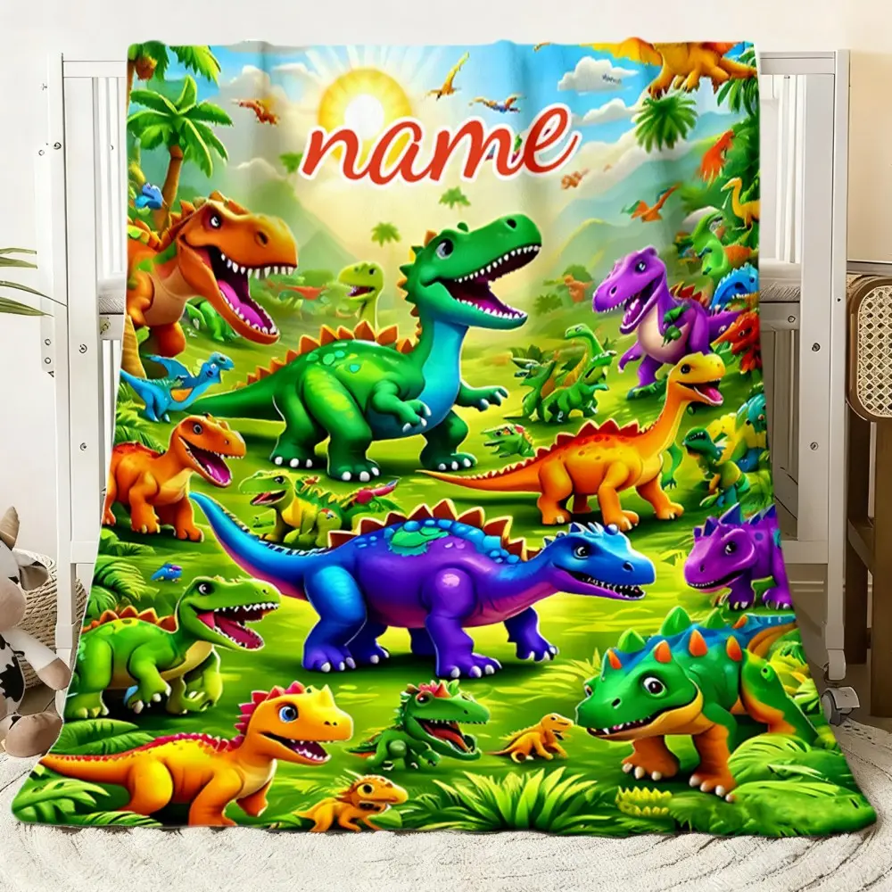 Custom Name 280GSM Flannel Fabric Blanket - Cartoon Dinosaur Design, Soft Weave, Breathable, Modern Living Room Decor - Home & Travel Use, Perfect Seasonal Gift