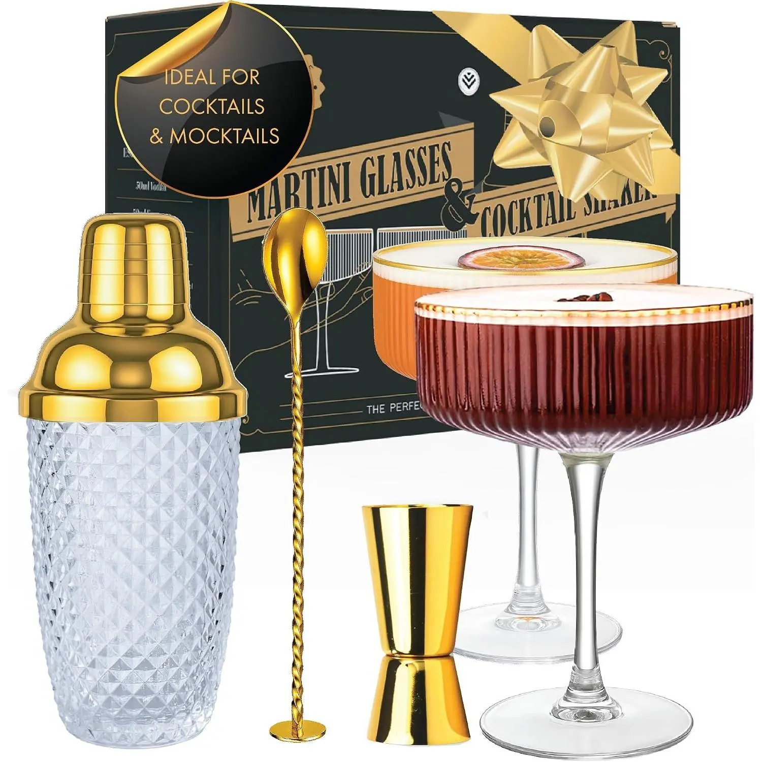 - Luxury Espresso Martini Gifts |   Shaker Set + 2 Espresso Martini Glasses -  Kit with -in Strainer & Ribbed Martini Glasses (10oz) | Drink Shakers