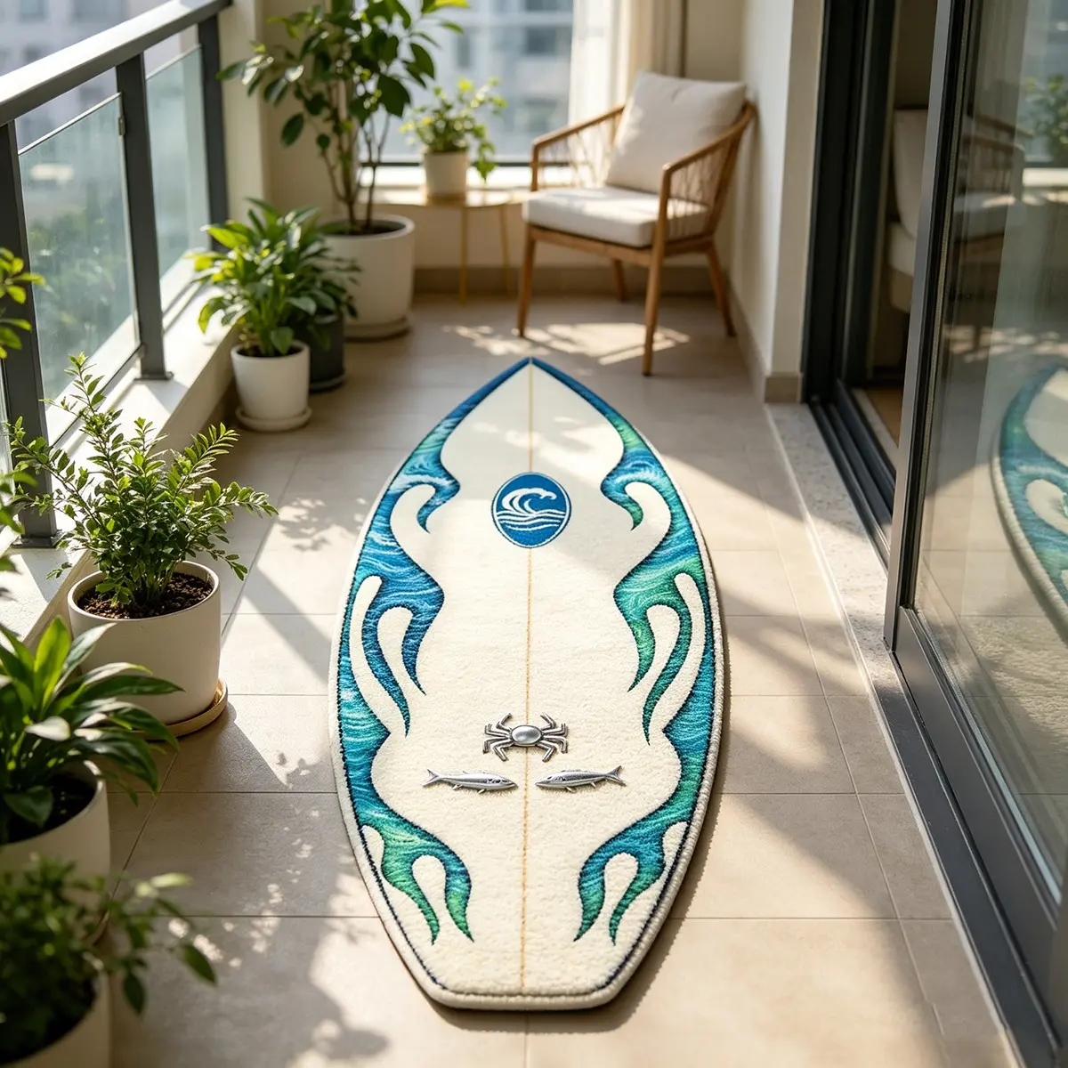 Surfboard Shape Rug, Wave Crab Fish 3D Print, Thin Velvet Non-Slip, Bedroom Bedside Hallway Gaming Room, Fresh Surf Beach Style
