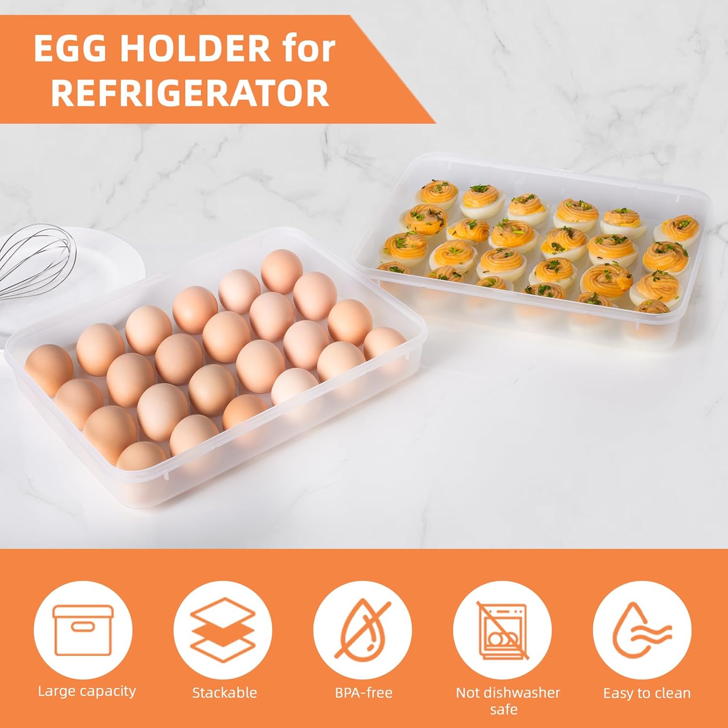 Deviled Egg Containers with Lid, (Set of 2), Stackable Deviled Egg Carrier for 48 Eggs, Clear Egg Holder for Fridge with Lid, Portable Plastic Deviled Egg Tray for Party, Easter Eggs Tray