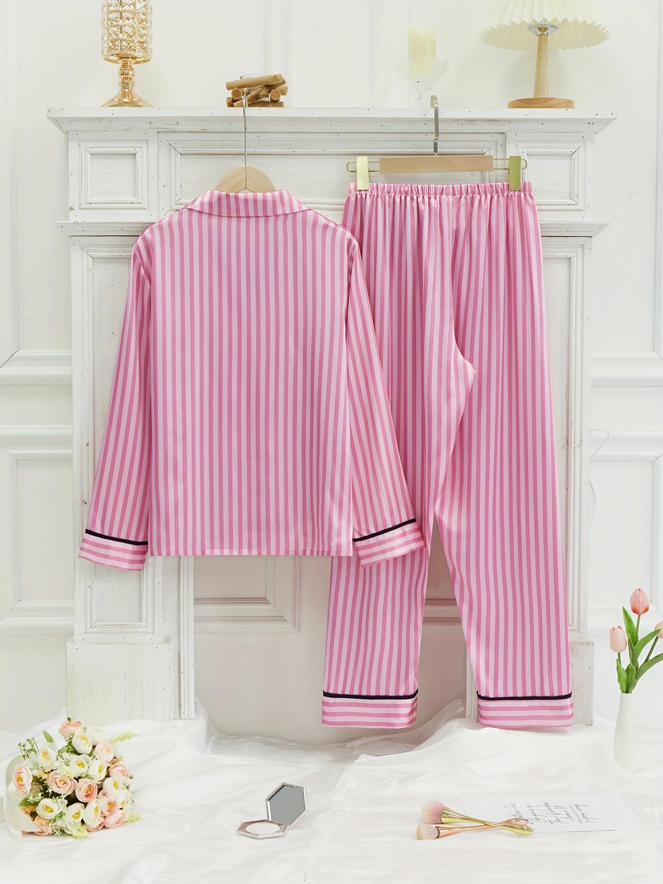 Women's Striped Pocket Lapel Neck Pyjama Set, Comfy Button Down Long Sleeve Shirt & Tie Front Pants Lounge Set, Pajama Sets Women, Pj Sets for Women, Sleepwear for Spring & Fall, Gifts Set for Mum