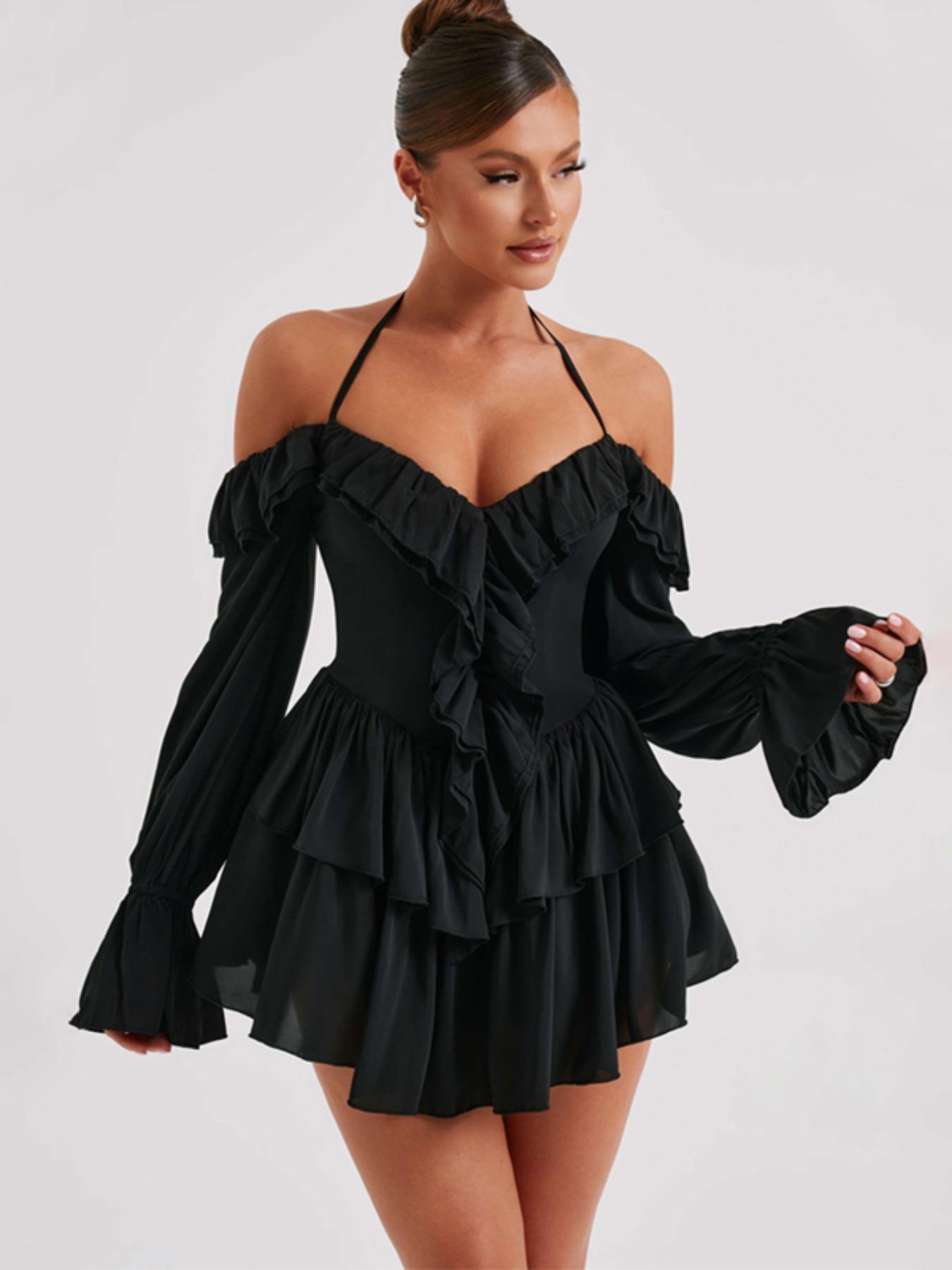 Women's Vintage Fitted Off-Shoulder Long-Sleeve Ruffle Halter Neck Overalls - Casual Summer Clothes