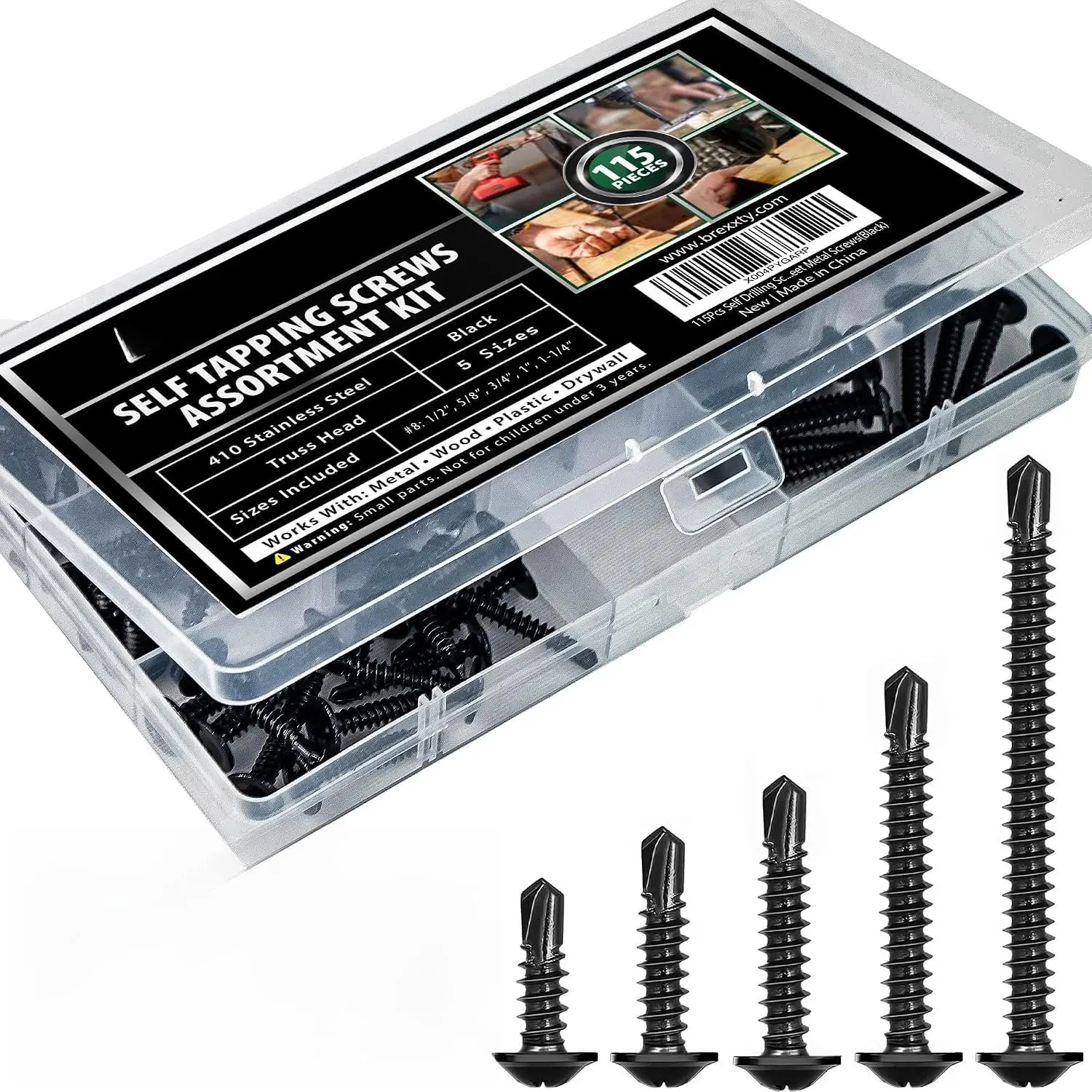 115 count Self Tapping Screws Kit, 410 Stainless Steel, Black | #8 x 1/2, 5/8, 3/4 in and #10 x 1, 1-1/2 in TEK sheet metal fasteners, truss , drill point, for , plastic, roofing