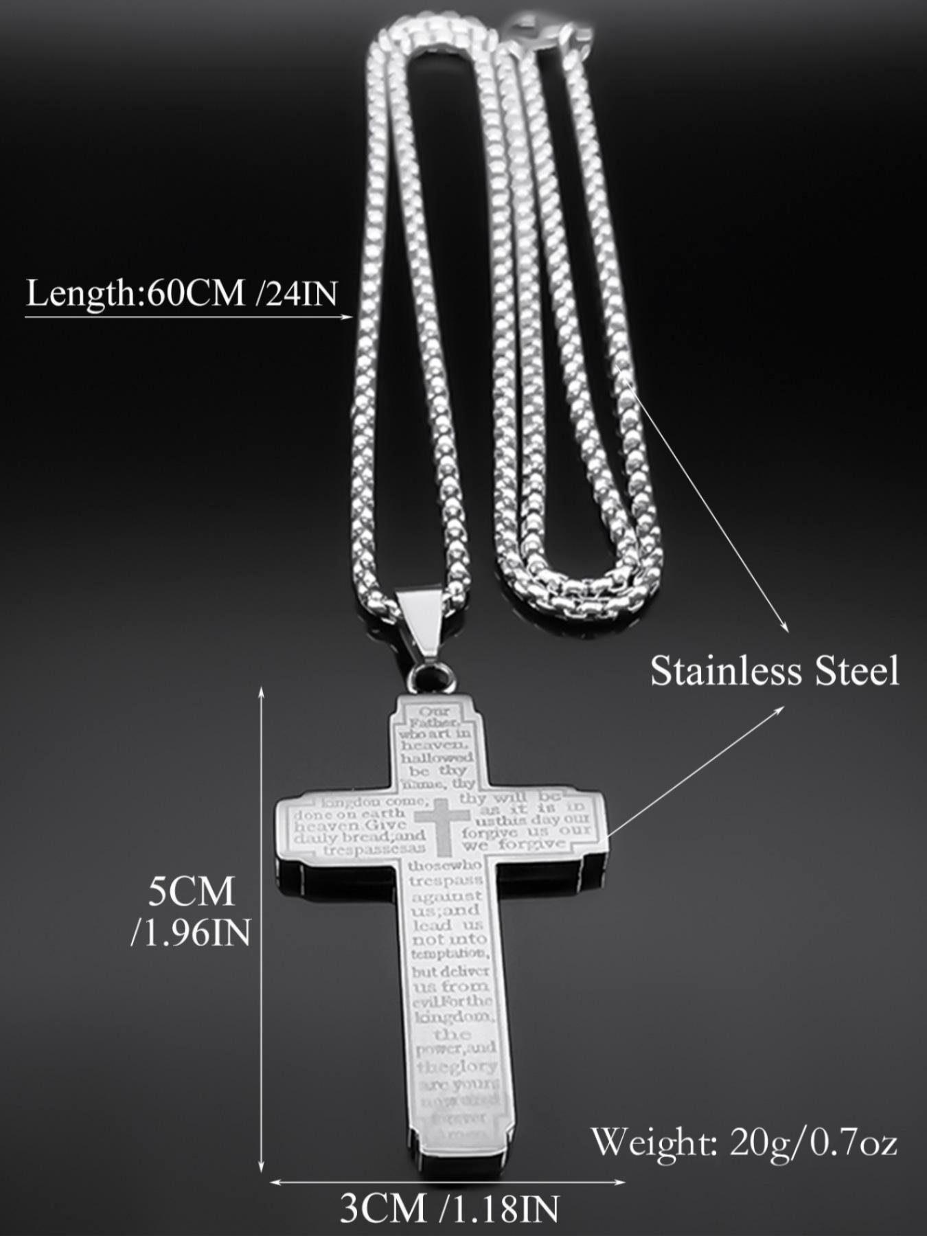 Christian Bible Cross Chain Necklace, Stainless Steel Pendant Necklace for Men, Religious Prayer to Jesus Cuban Cross Necklace