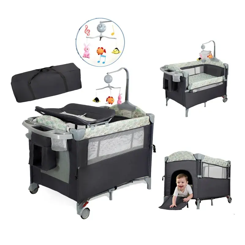 Aobtkel Metal Pack and Play Playard - Baby & Newborn Baby Playard for 0-2 Years, 39.4"x27.6"x30.3" (Under 35in Tall) with Bassinet, Changing Table, Lockable Wheels, Portable Music Box, Foldable