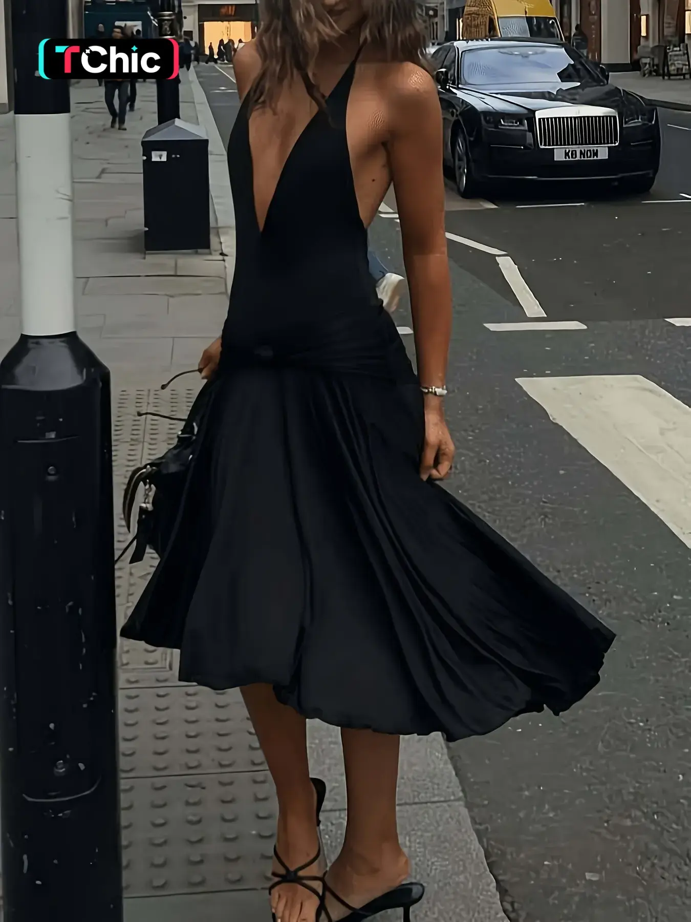 New Fashion Elegant Halter Neck Tie Waist Asymmetrical Hem Dress, Casual Fitted Plain Surface Dress, Unlined Lightweight Design