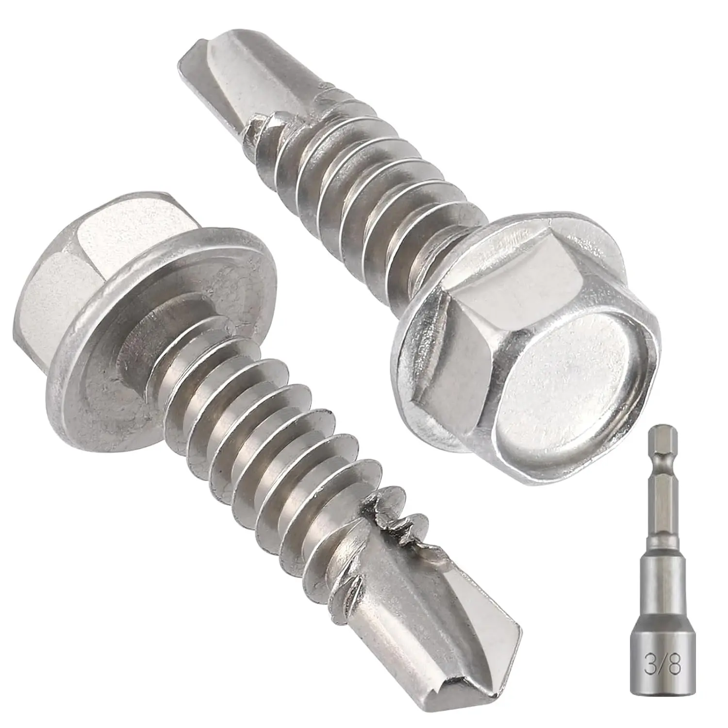 60 Pcs #14 x 1" 410 Stainless Steel Self Drilling Self Tapping Sheet Metal Screws, Hex Washer Head, Quick Metal TappingGift