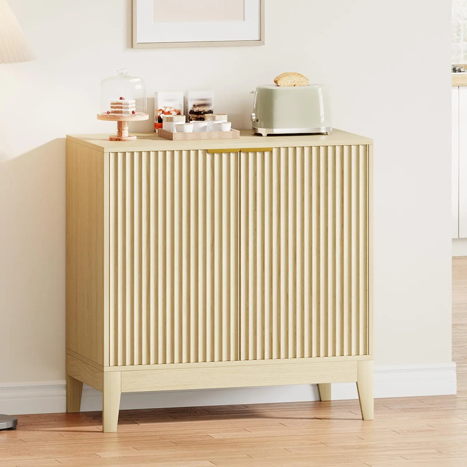 Garvee Modern Striated 31.5-Inch Storage Cabinet with Adjustable Shelves, 2-Door Buffet Credenza, Wooden Legs, Ideal for Living Room, Dining Room, Kitchen, and Entryway in Oak Finish