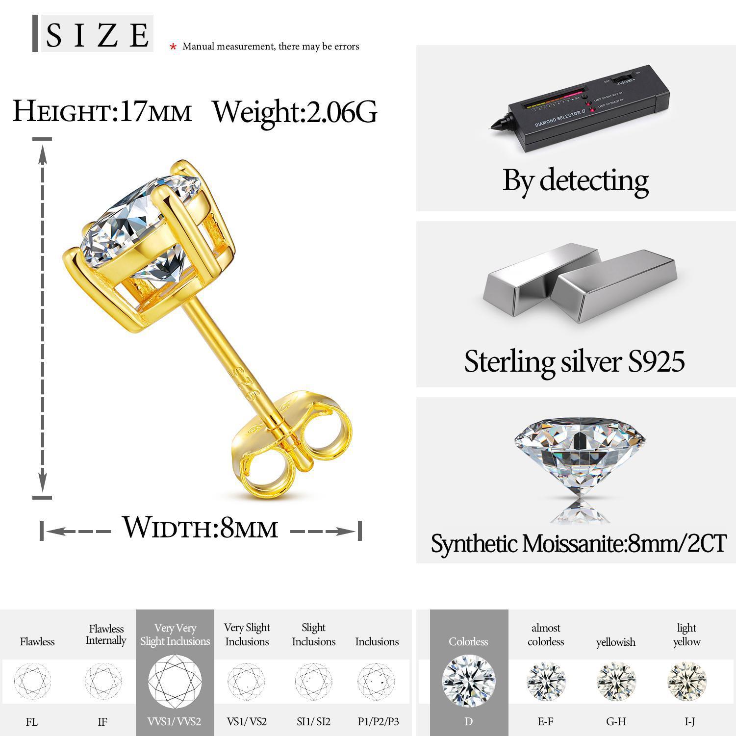 【E75 Live2】UCCIYO 925 Sterling Silver Synthetic Moissanite Stud Earrings For Women Men Unisex Fashion Simple Style Jewelry Daily Wedding Anniversary Birthday E75