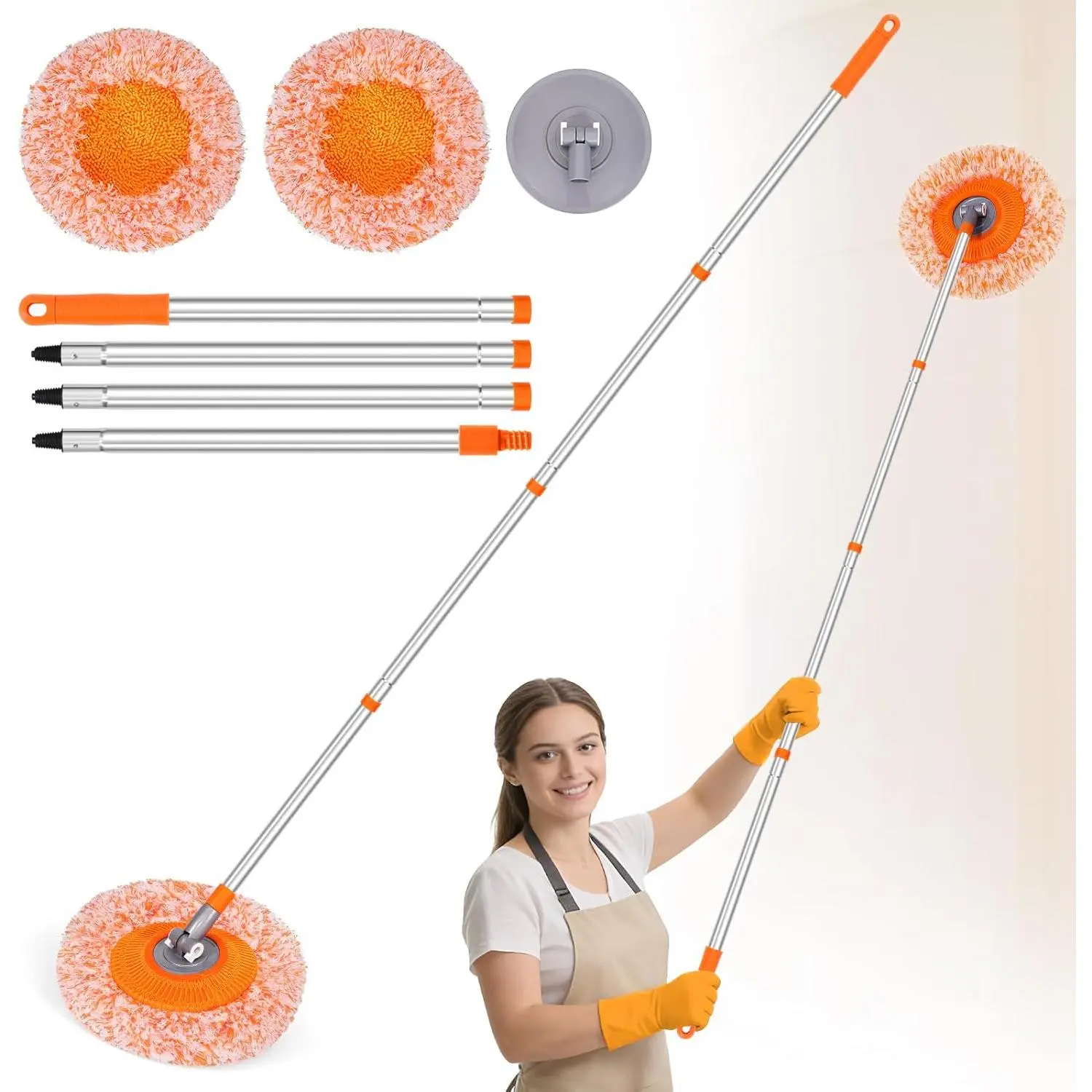 Wall Mop for Painted Walls, Wall Cleaner Mop with 104''/ 62" Long Handle, Dry Mop for Wall Floor Ceiling Cleaning, 2  Pads (Orange)
