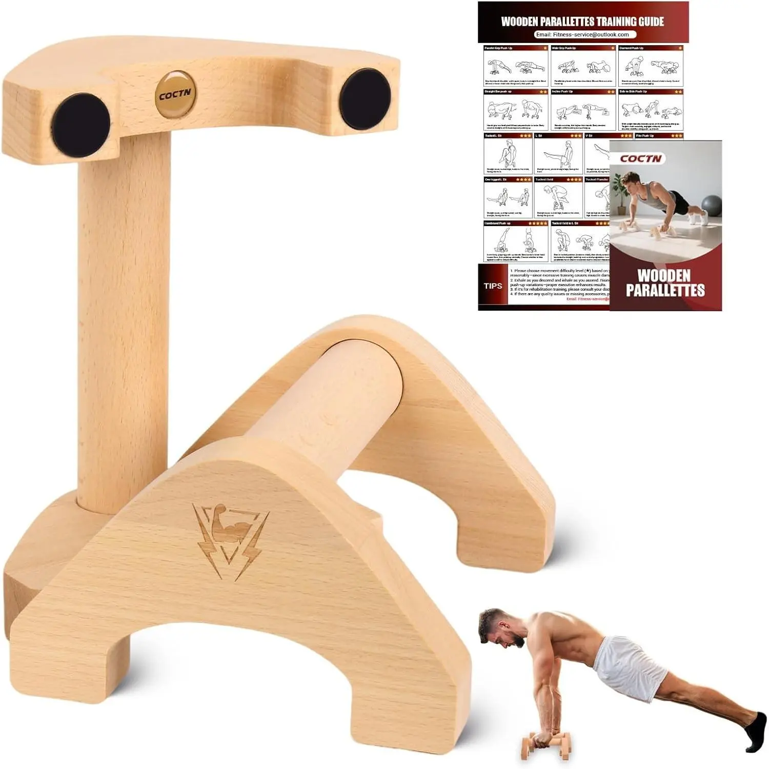 Wooden Push Up Bars - 2 PCS Solid Beech Wood Parallettes with Embedded Non-slip Feet, Training Poster, Home Gym Training Gear for Planks, Calisthenics