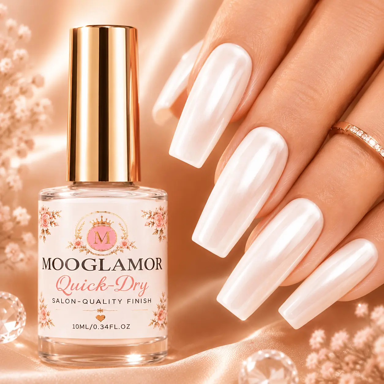 Pearl White Nail Polish, Quick-Dry High-Gloss Shell Shimmer Lacquer, 10ml for Home Manicure and Nail Art, for Fingernails and Toenails, Decorative Color Lacquer