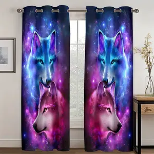 2 pieces, 3D digital print vintage bohemian moon dreamcatcher howling wolf king snow mountain digital print living room curtains, grommet curtains for living room furniture decoration blackout cover teal green holiday upgrade adhesive rod holder