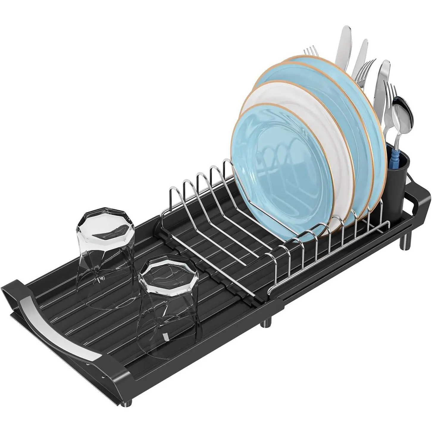 Small Dish Drying Rack, Compact Expandable Dish Rack with Cutlery Holder, Sink Dish Drainer for Kitchen Countertop, Black | Expandable Dish Drainer, Compact Dish Strainer for Kitchen Counter, Space Saving, Rustproof, Auto-Drainage, 17.1"D x 6.6"W