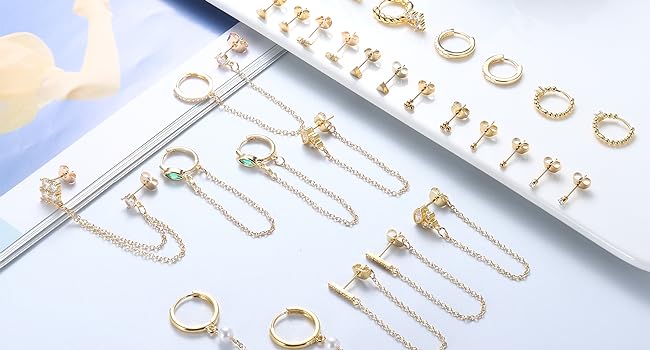 BESTEEL 27 PCS Dainty Gold Earrings Set for Women 14K Gold Plated Stud Huggie Hoop Earring Sets for Multiple Piercing Hypoallergenic Surgical Steel Small Dangle Chain Cartilage Earrings Stacks Pack