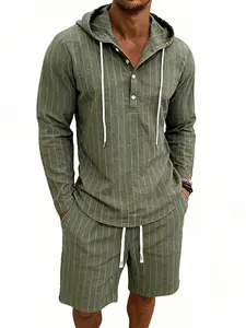 Summer Bestseller: Loose-fit Linen Jacquard Vertical Stripe Minimalist Casual Commuter Long-sleeved Henley Hooded Set