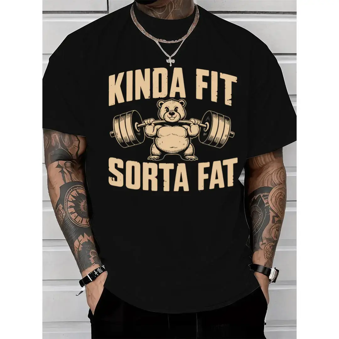 Funny Weightlifting Bear Graphic Short-Sleeve Tee, Street Style Aesthetic Casual Gym Sports Top, Shortsleeve, Aesthetics, Menswear, Fabric