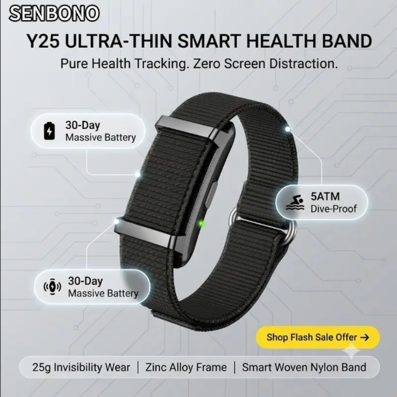 Senbono Unisex Smart bracelet, Screenless Design, Wireless Health Monitor, Remote Photo, Motion Tracking, Long Battery, iOS & Android Compatible
