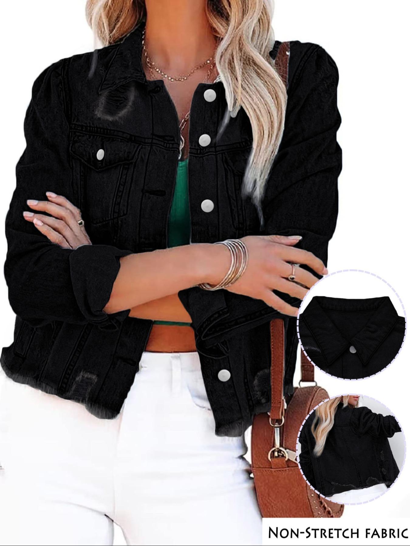 Women's Plain Ripped Raw Hem Denim Jacket, Casual Long Sleeve Button Front Fit Outerwear for Daily Wear, Ladies Clothes for All Seasons