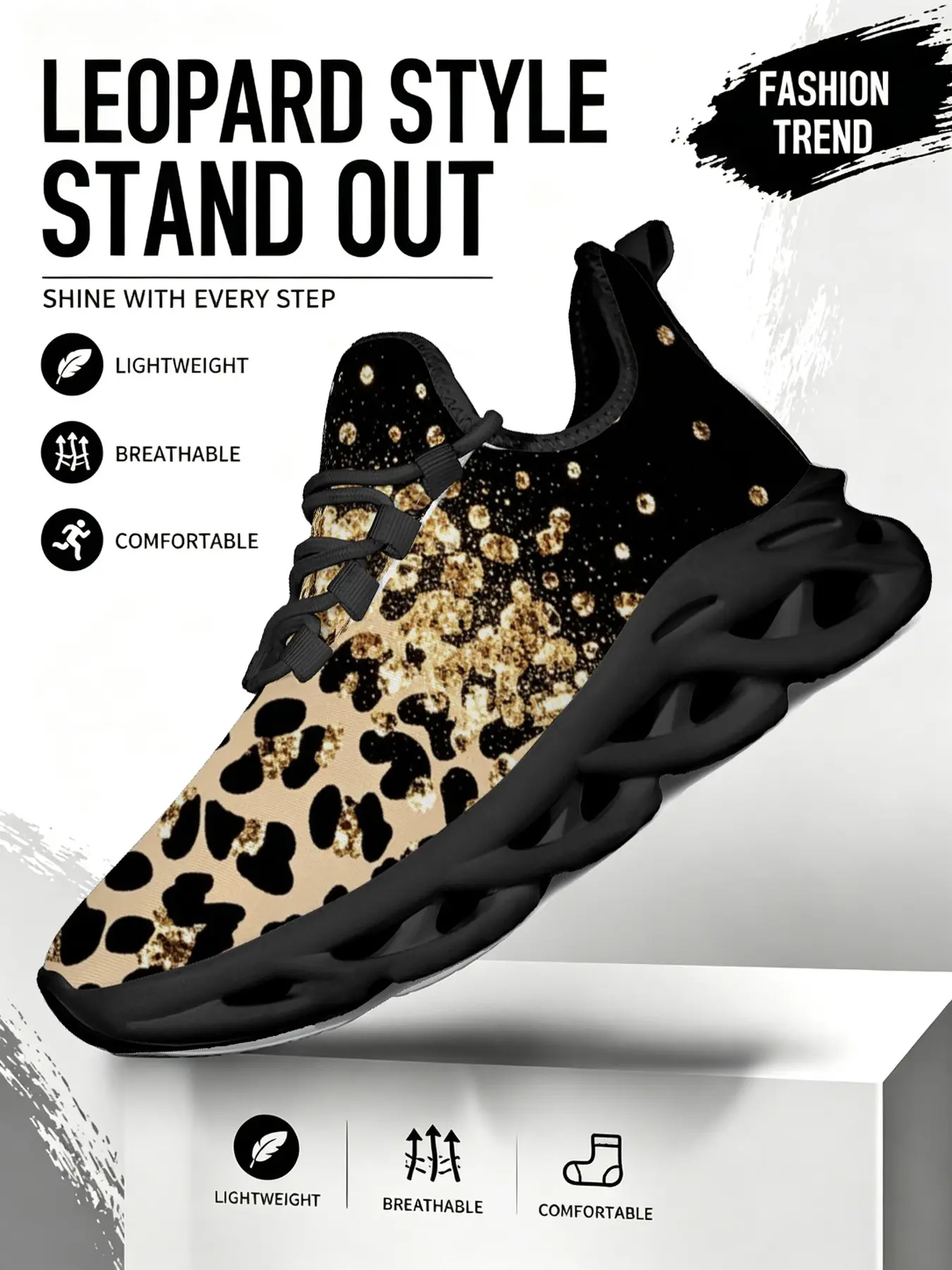 Women's Leopard Print Sneakers Gold Glitter Black Chunky Sole Casual Athletic Shoes casual sneakers for women gold glitter sneakers animal print running sneakers
