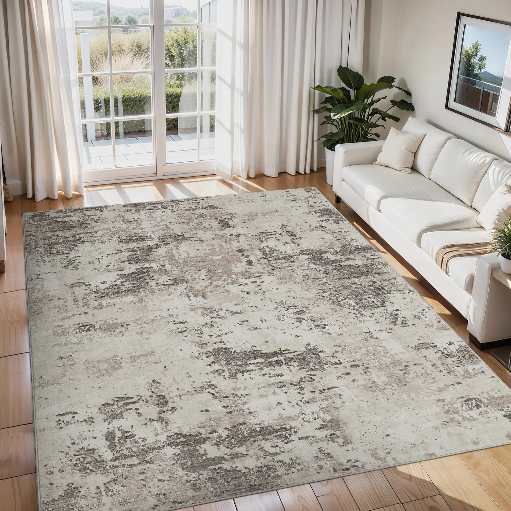 Washable Modern Abstract Print Area Rug - Non-Slip Backing, Stain Resistant, Low Pile Fabric Indoor Mat for Bedroom/Living Room, Office, Minimalist Bedroom, Indoor Areas