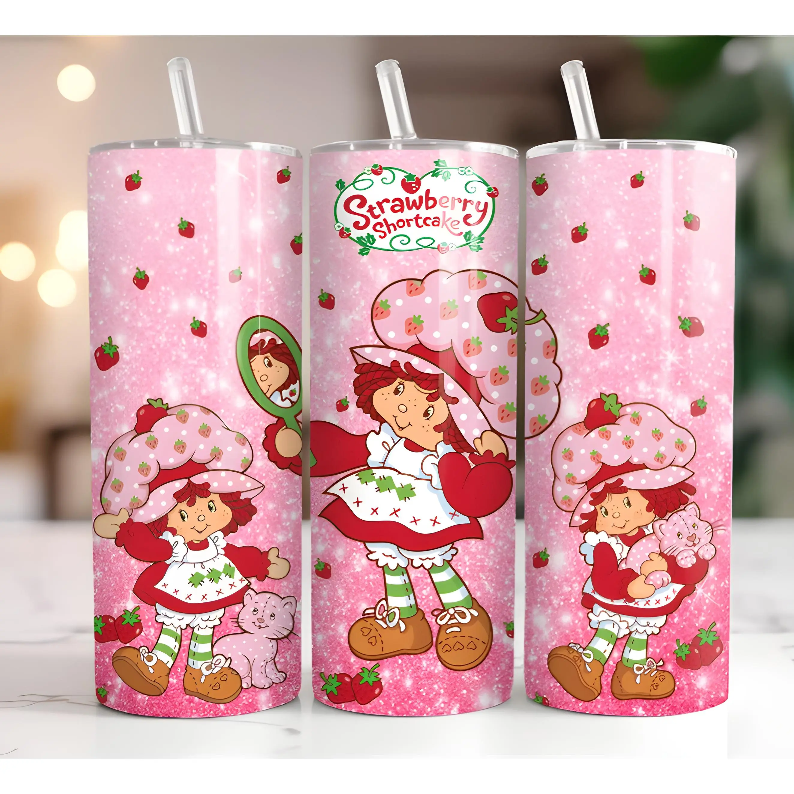 Strawberry Shortcake  20oz skinny Tumbler Drinkware Flasks Insulated Lid Coffee Portable
