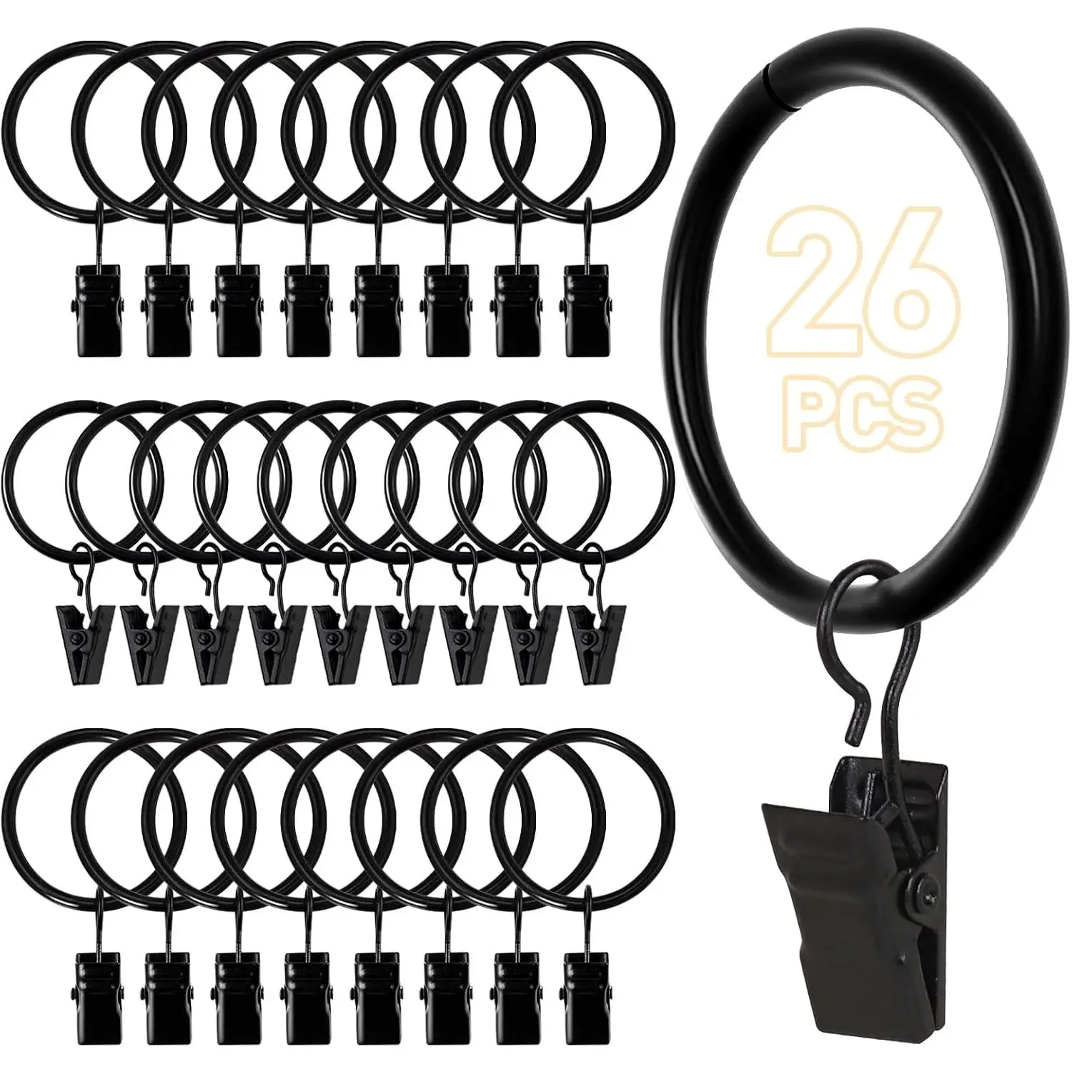 26 count Curtain Rings with Clips, Curtain Hooks for Drapes, Curtain Clips with Rings 1.26” Interior Diameter, Black Curtain Rings Fit up to 1 inch Curtain Rod