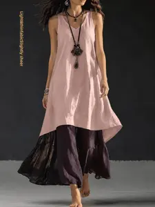 Summer Boho Dress for Women, Sleeveless V Neck Retro Patchwork Long Dress, Loose Fit Summer Patchwork Tank Dress, Casual Vacation