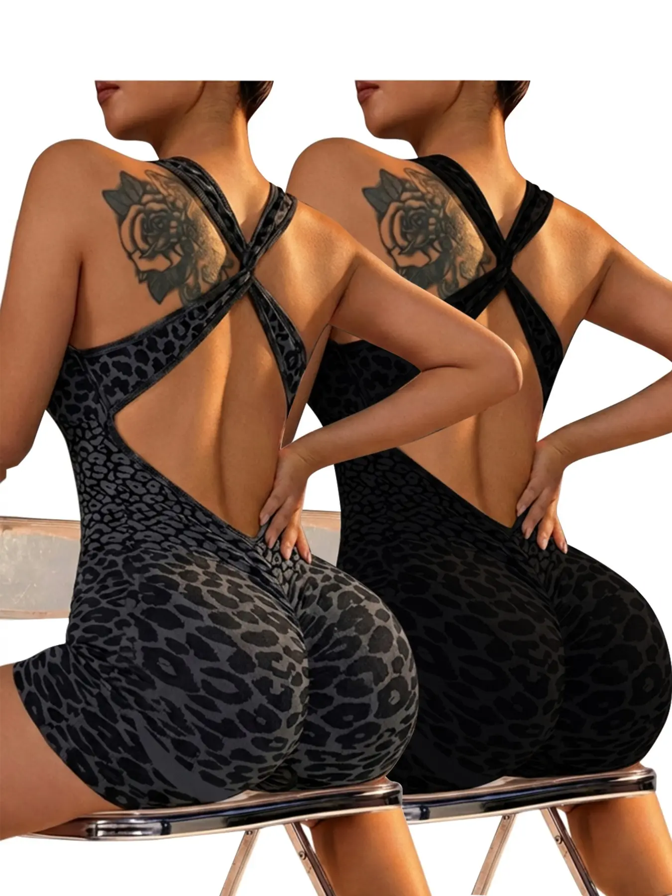 Two-Piece Seamless Leopard Print Jumpsuit, Workout Fitness Jumpsuit, Summer Pilates Workout High-Waist Peach Butt Yoga, Detachable Padded Bra for Women