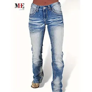 []Women's Mid-Chest Vintage Bootcut Denim Pants |   Stretch-fit + Vintage Bleaching Process + Sleek Flared Cuff Design - Retro Washed Women's Denim Pants