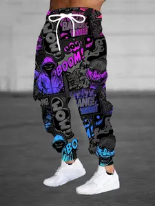 Men's 3D Halloween Cartoon Letter Print Sweatpants, Casual Polyester Joggers with Drawstring and Pockets, Ankle Length