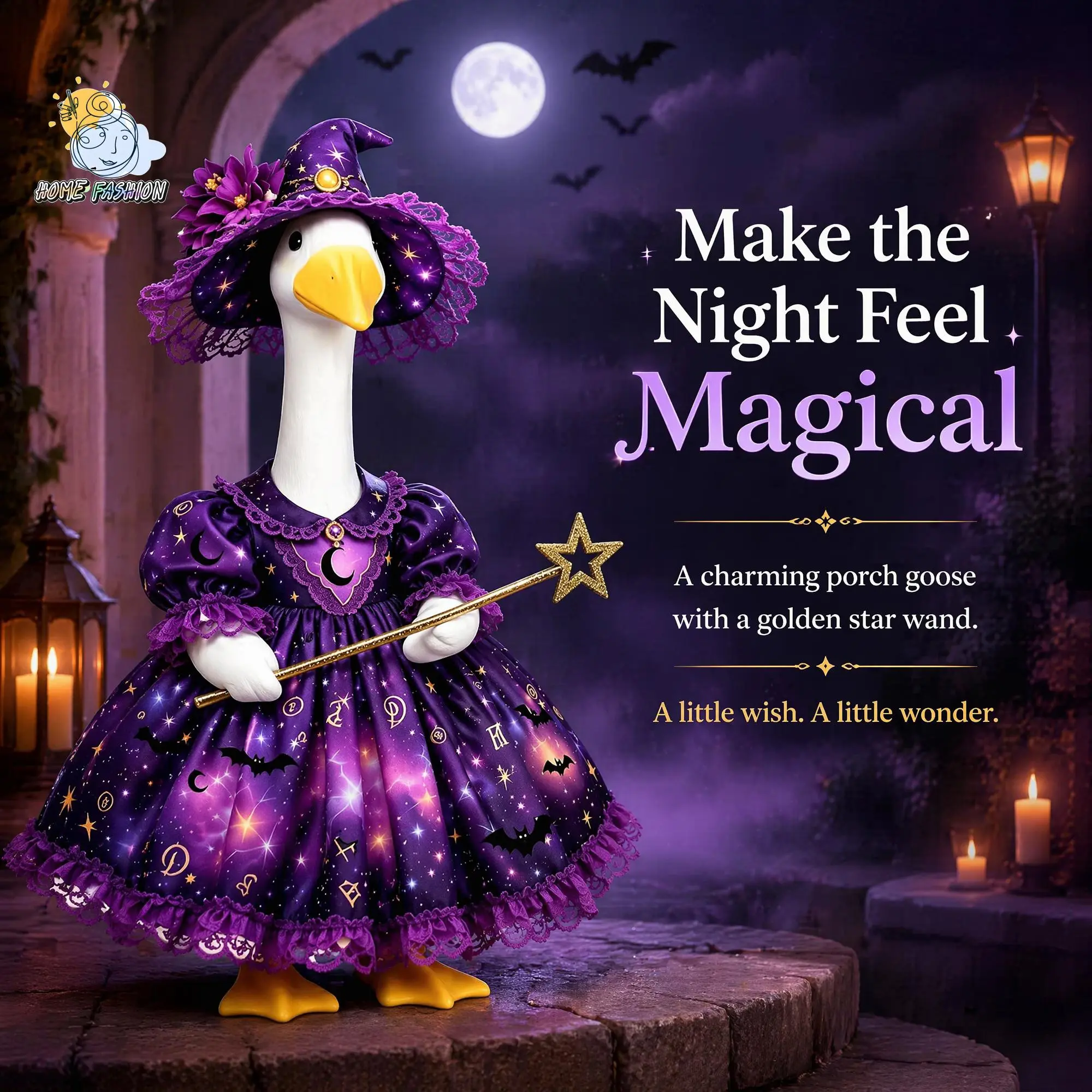 Halloween Porch Goose Witch Costume Set, Fits 23‑Inch Lawn Goose Statue, Purple Galaxy Lace Witch Dress With Matching Hat & Golden Star Wand, Bat Moon Constellation Print (Goose Not Includ