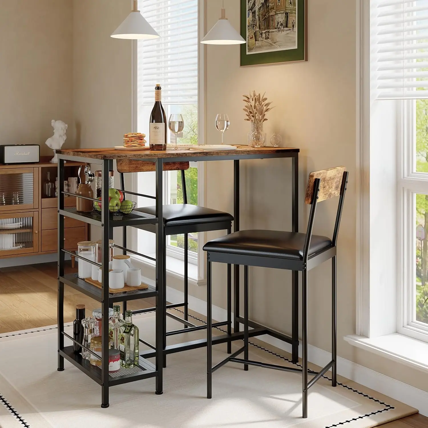 Space-Saving 3-Piece Dining Table Set for 2 – Counter Height Bar Table with 2 Upholstered Stools, 3-Tier Storage Shelves, Built-in Wine Rack, Metal Frame – Modern Living Room & Kitchen, Brown