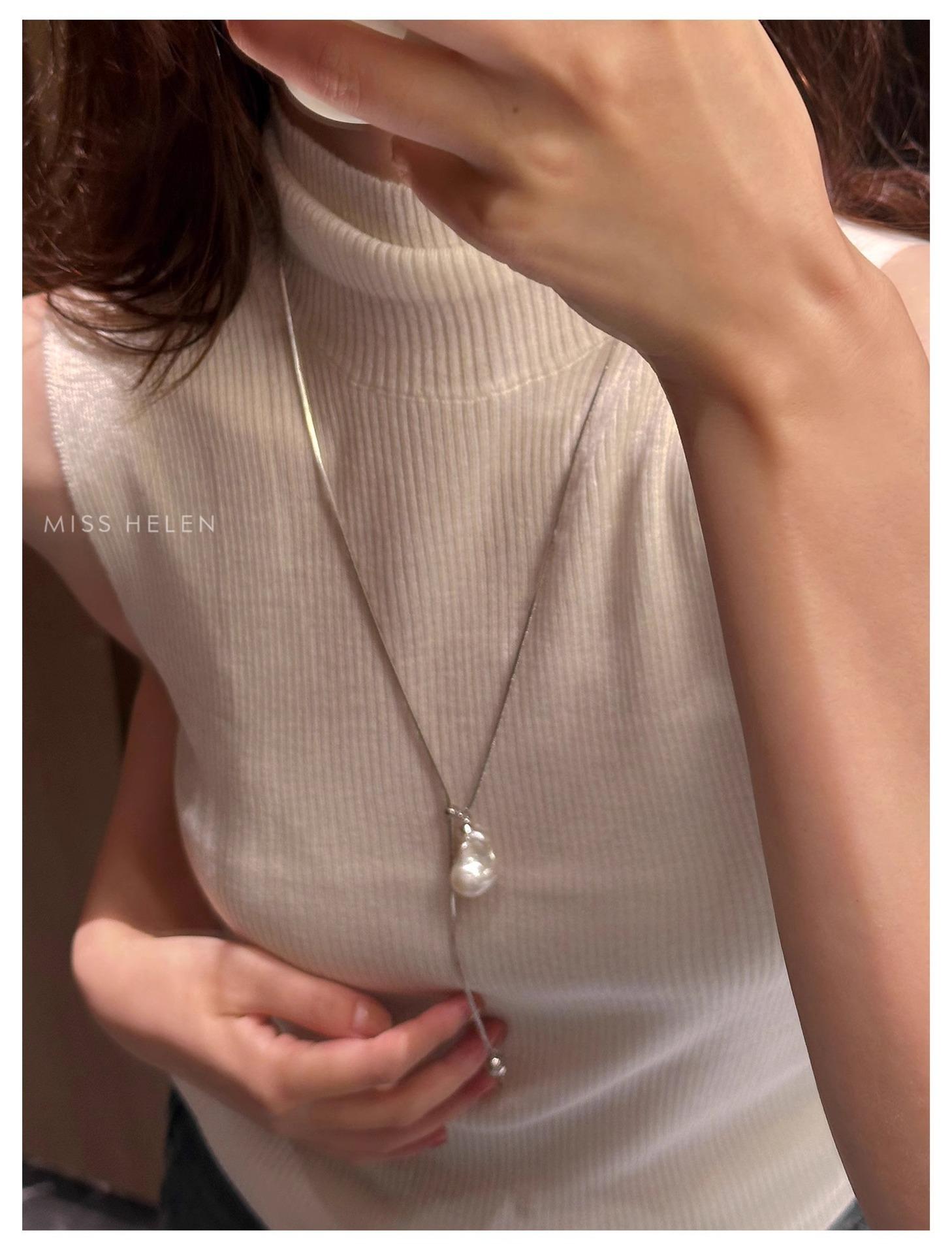 Women's Silver Gourd Bead Adjustable Necklace, Exquisite Baroque Bead Tassel Necklace