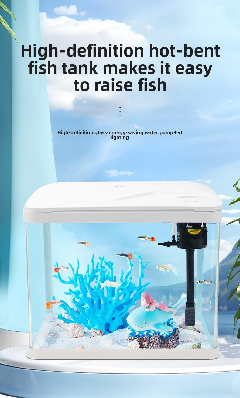 Hot Bending Ultra Clear Glass Fish Tank Self-Circulating Eco Aquarium Small Desktop For Living Room Home Decor Smart with LED Light and Filter Deshedding Brush Pets Dragon Stone Decoration