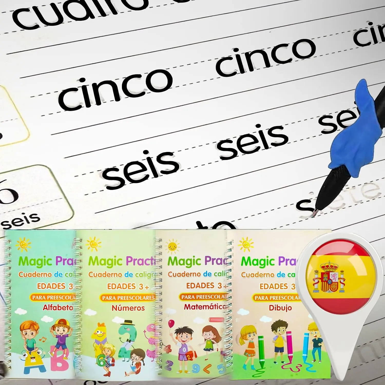 Spanish Groove Handwriting Book - 4-Theme Magic Ink Marker Writing Practice Workbook, 16-Page Handwriting Workbook for Age 3+ Yrs, No-Tears Tracing Book with Pen Refill (Small)