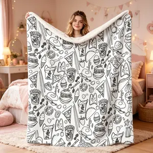 Black White Sketch Fast Food Print Flannel Throw Blanket, Soft Cozy All Season Versatile Blanket for Sofa Bed Car Office, Perfect Birthday Christmas Thanksgiving Housewarming Gift for Food Lovers