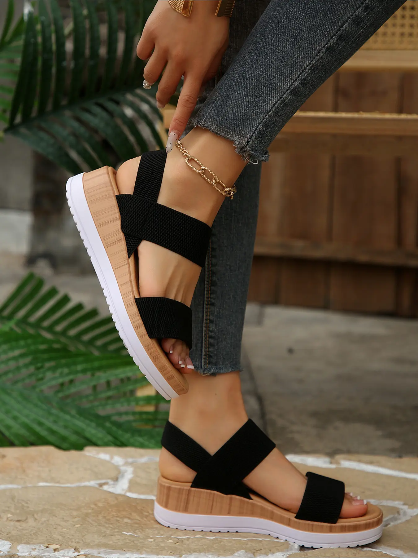 Minimalist Stretchy Strap Slingback Wedge Sandals, Layer Platform Everyday Summer Footwear for Women