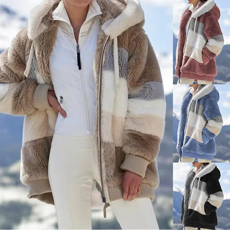 Women's 2026 Color Block Striped Hooded Teddy Jacket - Autumn/Winter Warm Plush Patchwork Outerwear with Zipper Pocket, Long Sleeve Casual Loose Tops for Women (Sports & Outdoor Use)