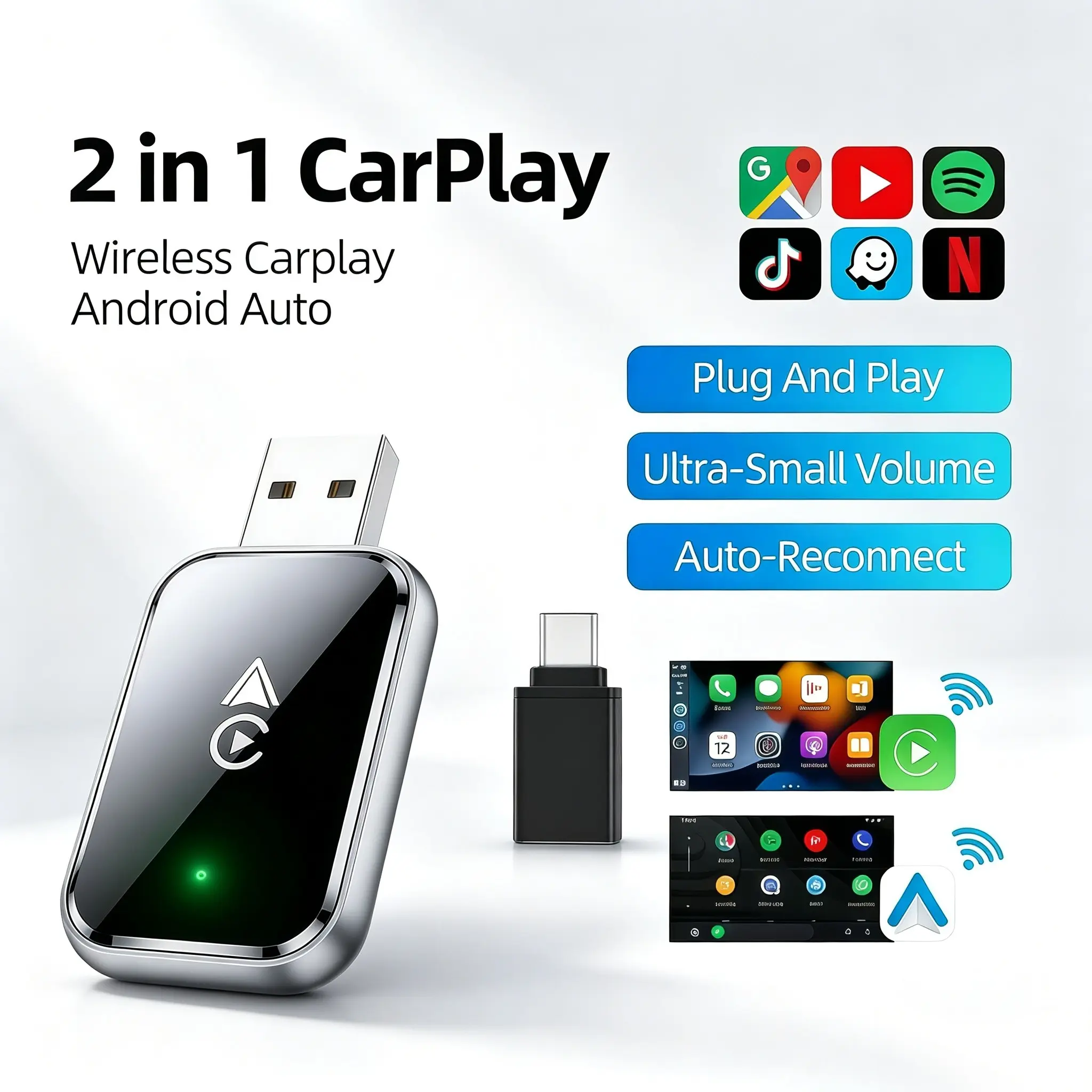 2027 New Glass Texture Dual Wireless Universal Carplay Adapter, Compatible with Apple and Android, Wired to Wireless, Original Carplay and Android Auto