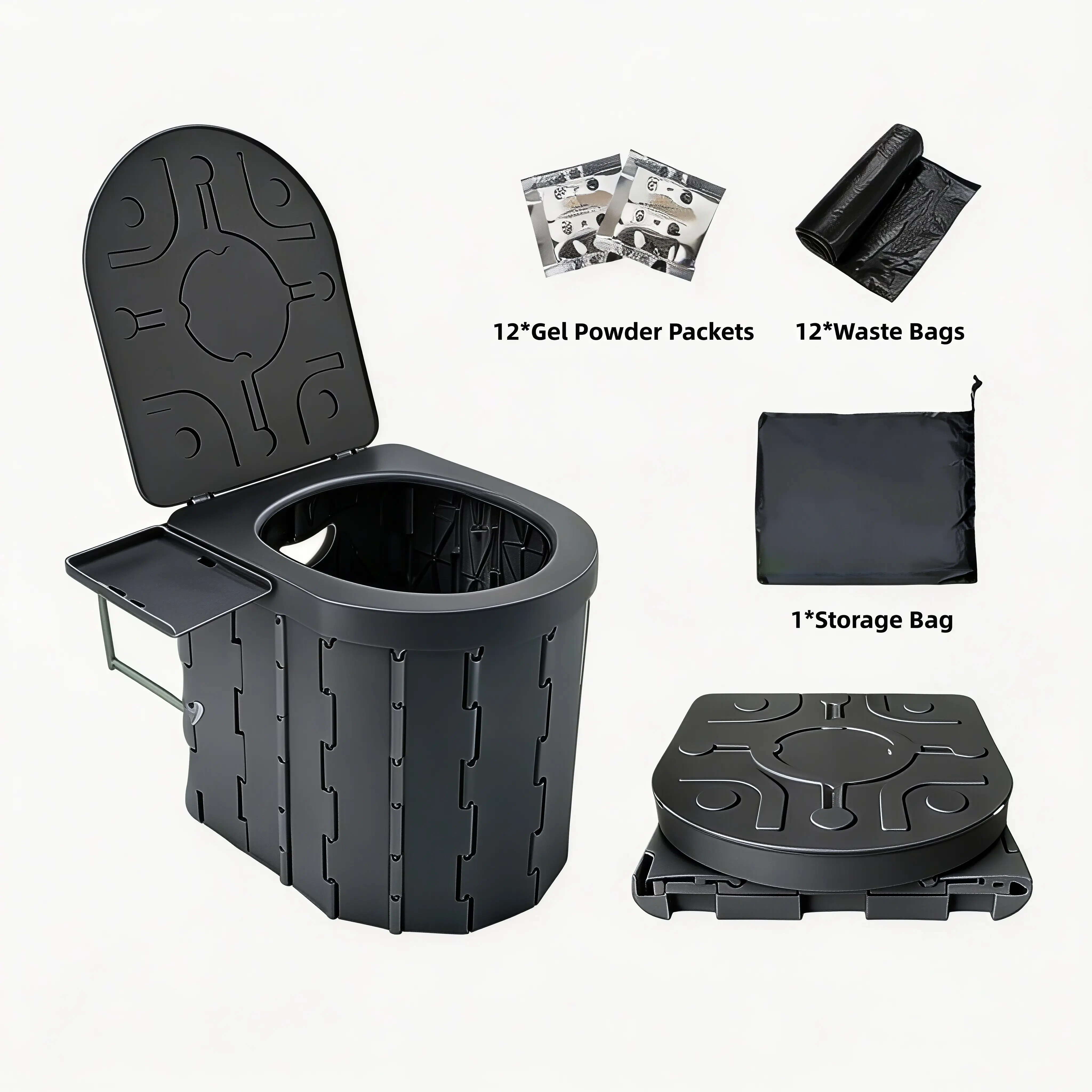 Portable Camping Toilet for Adults – Foldable Travel Toilet with 12 Toilet Bags & 12 Waste Solidifier Packs(grey)
